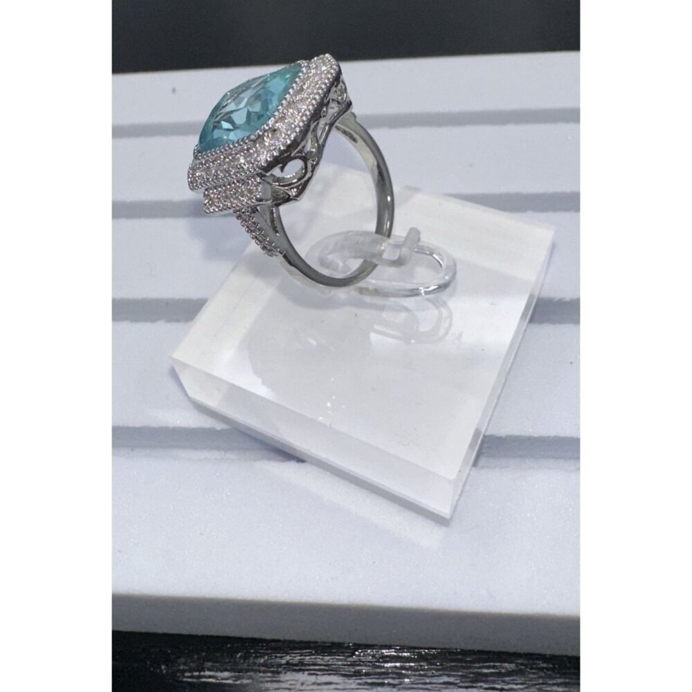 Aquamarine Cubic Zirconia & White Crystal Statement Ring - Picture 11 of 16